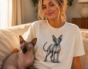 Maglietta con disegno di gatto Sphynx, maglietta minimalista con schizzo di gatto senza pelo, maglietta con gatto astratto, regalo per la mamma di un gatto Sphynx, maglietta artistica con gatto