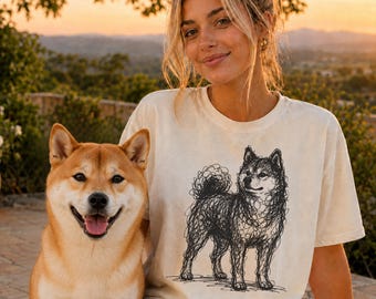 Maglietta con disegno stilizzato di Shiba Inu, maglietta minimalista con schizzo di Shiba, maglietta astratta con cane giapponese, regalo per la mamma di uno Shiba, maglietta artistica con cane