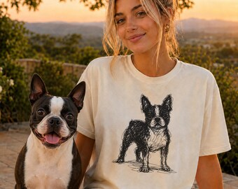 Camiseta con diseño lineal de Boston Terrier, camiseta minimalista con boceto de Boston Terrier, camiseta abstracta de perro, regalo para mamás de Boston Terrier, camiseta artística de perro