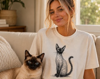 Maglietta con disegno di gatto siamese, maglietta minimalista con schizzo di gatto siamese, maglietta con gatto astratto, regalo per la mamma di un gatto siamese, maglietta artistica con gatto