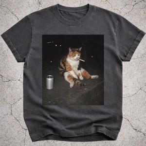 May include: A charcoal gray short-sleeve t-shirt featuring a rectangular graphic print of a calico cat sitting on a dark surface with a cigarette in its mouth next to a silver beverage can. The cat has orange, black, and white fur.