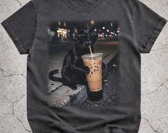 Funny Black Cat Drinking Iced Coffee Shirt, Cat Mom Gift, Animal Lover Tee