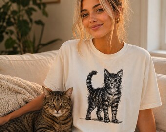 Maglietta con disegno di gatto tigrato, maglietta minimalista con schizzo felino, regalo astratto per amanti dei gatti