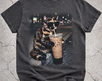 Tortie Cat Drinking Iced Coffee Shirt, Funny Cat Coffee Meme Tee, Tortoiseshell Cat Graphic T-Shirt, Coffee Lover Gift for Cat Mom Dad