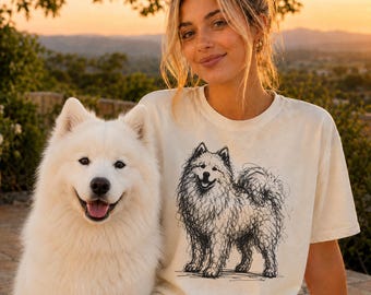 Camiseta com desenho minimalista de Samoieda, camiseta com estampa abstrata de cachorro branco, presente para mãe de Samoieda, camiseta artística para cachorro