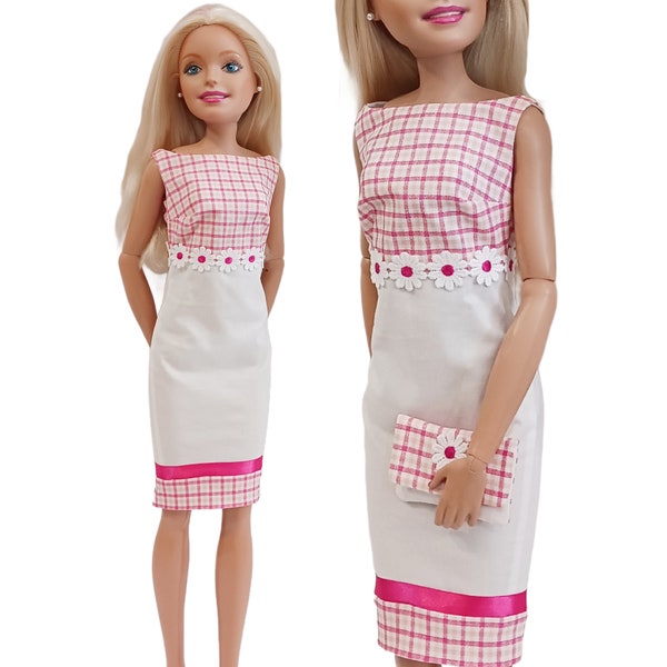 28 Inch Barbie Doll Fashions - Pink and White  Plaid Dress with Matching Purse