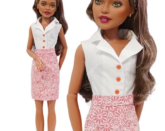 28 Inch Barbie Doll Clothes - White Blouse and Floral Skirt