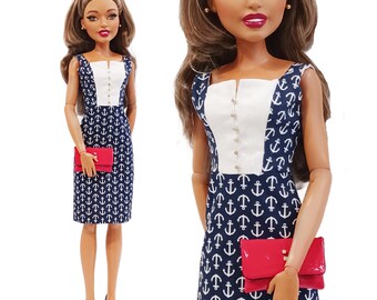 28 Inch Barbie Doll Clothes - Nautical Anchor Dress & Red Purse