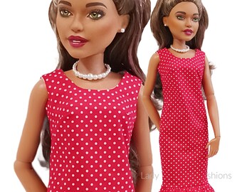 28 Inch Barbie Doll Fashions - Red Polka dotted dress with pearl necklace.