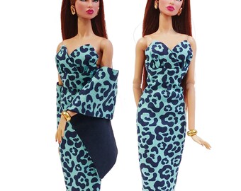 Dress with Shawl for the Fashion Royalty Dolls in Navy Blue & Turquoise