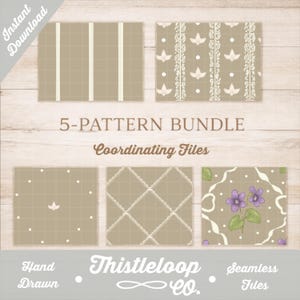 以下が含まれることがあります： ベージュと白の5つのコーディネートパターンが特徴のデジタルダウンロードグラフィック。パターンには、ストライプ、フローラルデザイン、幾何学模様が含まれます。「5-PATTERN BUNDLE」と「Instant Download」の文字。ブランド名「Thistleloop Co.」も表示されています。