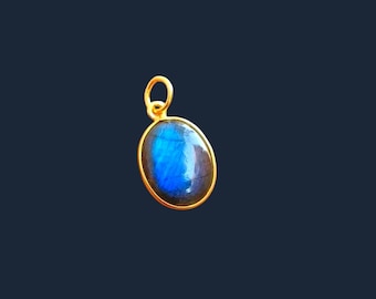 Gold Plated Sterling Silver Oval Labradorite Pendant, Blue Fire Gemstone Charm
