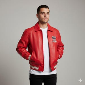 May include: A vibrant red leather jacket with a collared neckline and a zipper closure. The jacket features a patch on the chest with a hockey-themed design and striped detailing on the cuffs and hem. The model is wearing a white t-shirt and black pants.