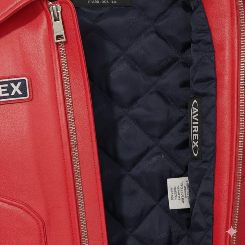 May include: Close-up of a red leather jacket with a silver zipper and a navy blue quilted lining. The jacket features a small patch with the word "EX" and a tag with the brand name "AVIREX".