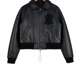 Cropped Black Leather Varsity Jacket for Women - USA Embroidered Bomber - Y2K Streetwear Letterman Coat