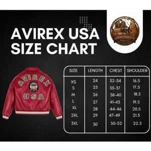 May include: A red leather jacket with white trim and the text "AVIREX USA" is displayed on a black background. A size chart shows measurements for chest, shoulder, and length in inches. The jacket has a patch with the text "AVIREX USA".