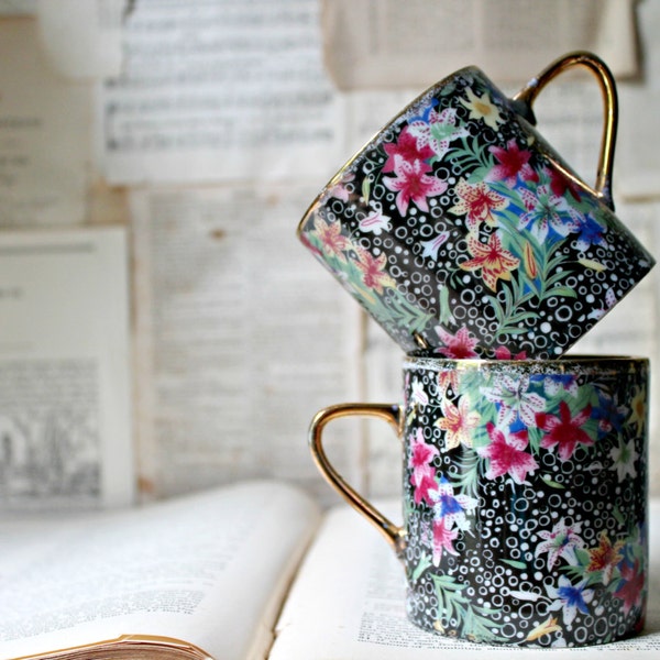 Vintage Coffee Cups Floral Royal Crown Mug Set Pair