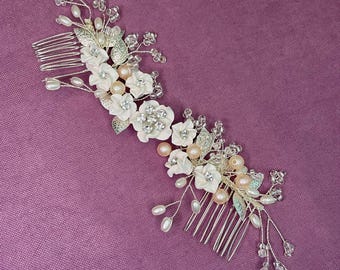 Zilveren bloemen bruidshaarkam met parels, handgemaakte bruidszendspoel, vrijgezellenfeestcadeau