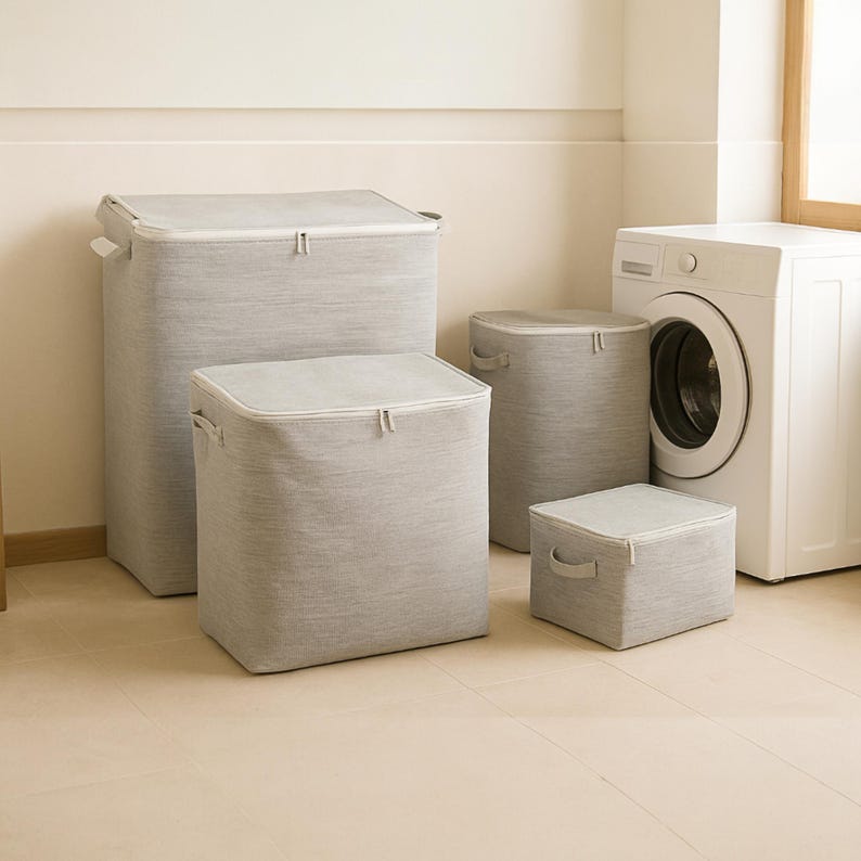 Foldable Laundry Hamper With Lid, Large Neutral Fabric Storage Bin - Etsy