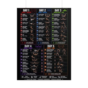 May include: A black workout poster featuring a five-day exercise routine. Each day is color-coded with specific muscle groups, numbered exercises, set and repetition counts, and small illustrations of the movements. The bottom includes text icons.