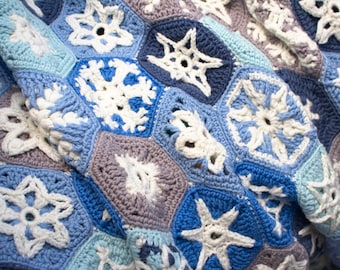 Crochet Blanket Pattern - Festive Snowy Blanket - Snowflake hexagon blanket crochet pattern - PDF