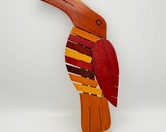 Vintage MCM Handcrafted Multi-colored  Wood Toucan Trivet Wall Art