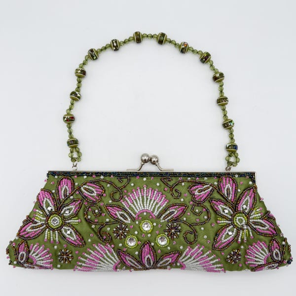 Vintage 1990s Fashion Express Beaded Green and Pink Purse