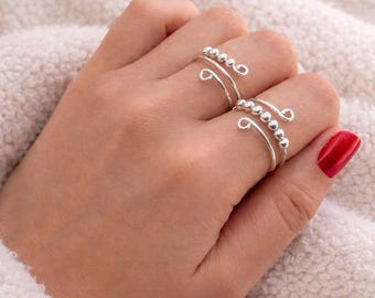Stainless Steel Fidget Ring | Spinning Beads, Thumb Ring, Minimalist Spinner Gift, Moving Twist Loop Ring, Adjustable Anxiety Ring