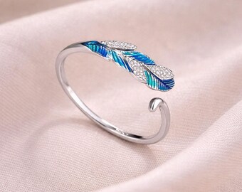 Anello foglia blu argento - Anello a fascia aperta, design foglia smaltata, regalo di gioielli minimalisti e naturali