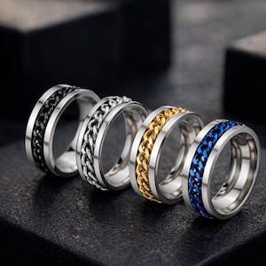 Stainless Steel Spinner Ring Set – 4 Pack | Rotating Chain Rings | Fidget Rings for Men & Women