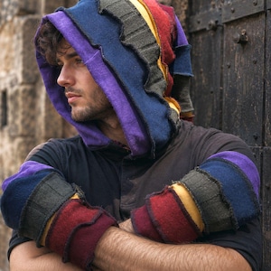 Dark Rainbow arm warmers  and elf hood set of repurposed sweaters unisex medium
