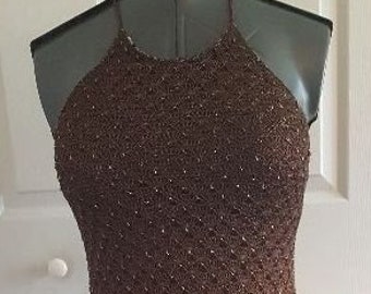 Vintage Carmen Marc Valvo coppery beaded knit halter dress size S