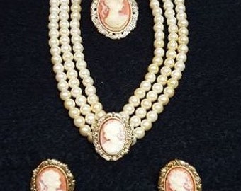 Vintage unworn cameo necklace, brooch, and earrings set simulated gemstones