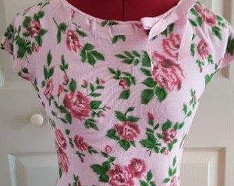 Vintage INC rose print cotton blend pullover cap sleeve sweater women's Small