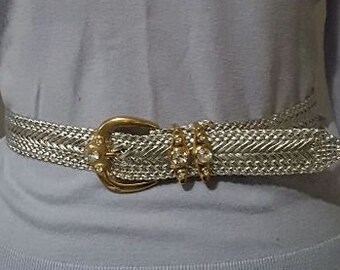 Vintage braided silver metallic belt with jeweled buckle 40" long