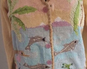 Vintage Storybook Knits embroidered sweater "Dolphin Dance" woman's Small cotton blend cardigan