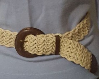 Vintage braided cord belt with brown leather buckle 40" long 1.75" wide