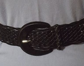 Vintage braided black leather belt with leather buckle 45" long 2.25" wide