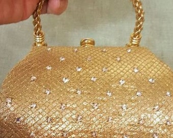 Vintage glamourous gold lame with rhinestones bag with gold chain for evenings