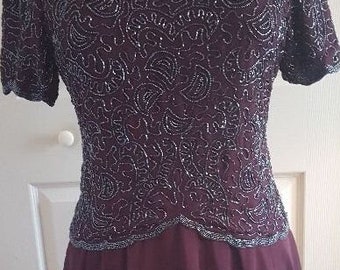 Vintage plum colored beaded chiffon cocktail dress size P/M