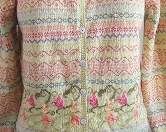 Vintage Jillian Jones floral intarsia sweater woman's Medium cotton blend cardigan