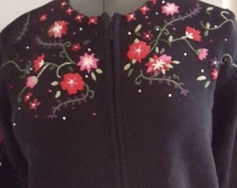 Talbots vintage black cotton cardigan with reds and pinks floral embroidery Woman's Medium