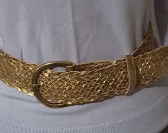 Vintage braided gold metallic belt with gold metal buckle 40" long 2.25" wide