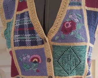 Vintage Jantzen hand embroidered sweater vest patchwork design woman's medium to large cotton blend cardigan