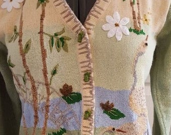 Vintage Storybook Knits embroidered sweater "Cranes at Moon Bridge" woman's Small cotton blend cardigan