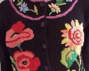 Vintage Storybook Knits embroidered floral sweater "Colorful Garden" woman's Small cotton cardigan