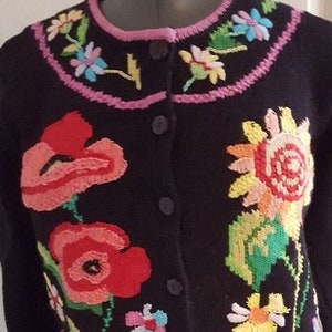 Vintage Storybook Knits embroidered floral sweater &quot;Colorful Garden&quot; woman&#39;s Small cotton cardigan
