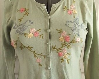 Vintage green silk and cashmere cardigan with pink and green floral and birds embroidery Woman's Small