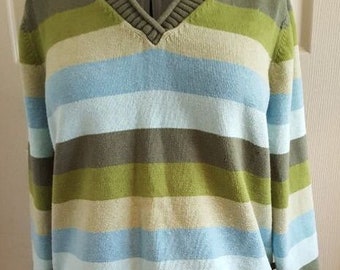 Vintage Liz Claiborne green striped cotton blend pullover V-neck sweater women's X Large