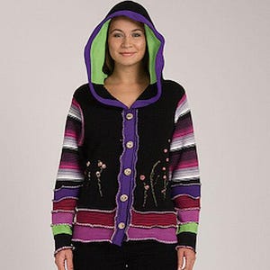 Katwise inspired Black with Purple, Pink and Green embroidered hooded jacket of refashioned sweaters women's Medium